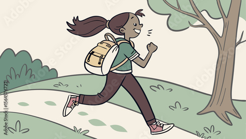Illustration of a girl with a backpack running in a park with trees and bushes in the background