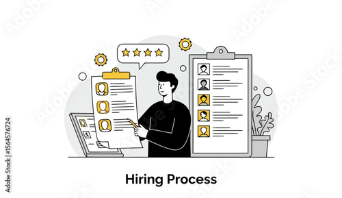 Young adult male reviewing candidate applications in office setting. Analyzing resumes and evaluating potential hires in a modern office environment.