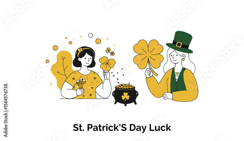 St. Patrick's Day luck depicted by two female figures in casual attire holding shamrocks and flowers, with a cauldron of gold coins, in a celebratory setting.