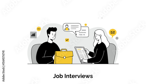 Job Interview of a young adult male and female candidate in a professional office setting. Two people engage in a job interview session, sharing documents and reviewing application information.