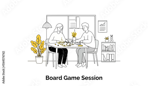 Young adults in casual attire engaged in a board game session in a modern office setting. Two colleagues intently playing a board game at a desk in a shared workspace.