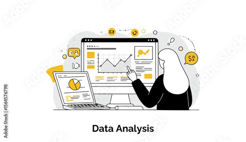 Female data analyst in hijab reviewing data on a computer monitor and laptop in an office setting. Concentrated focus on dashboard displays with graphs and charts.