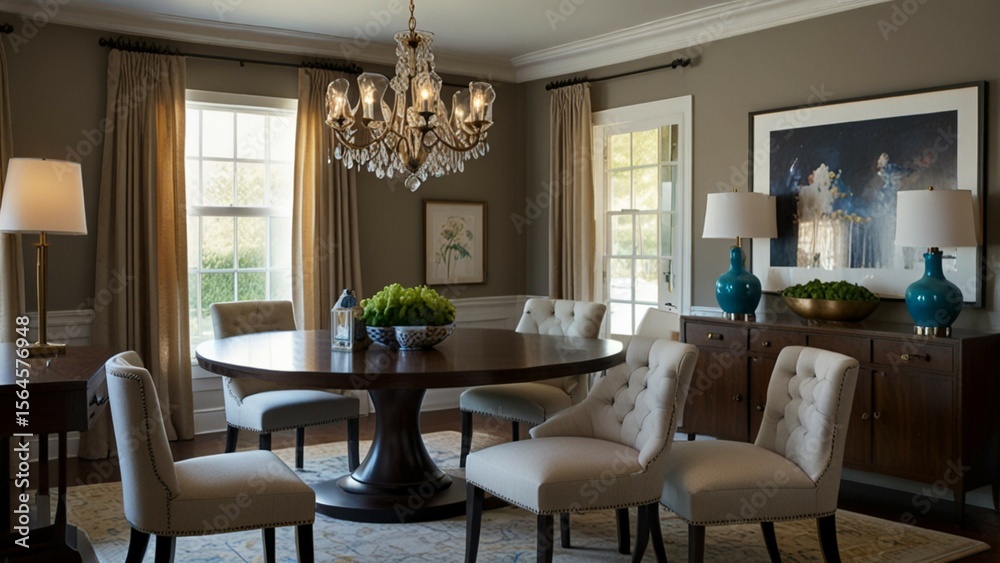 Fototapeta premium Transitional dining room with a blend of modern and traditional elements