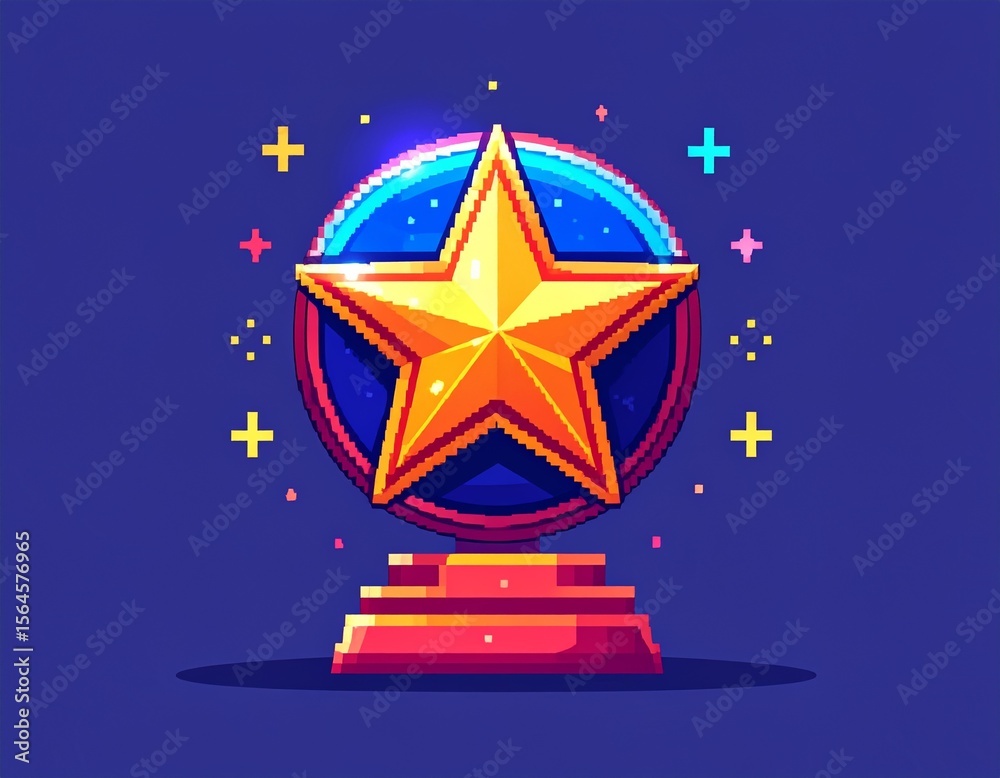 Obraz premium Golden star icon on a red pedestal, set against a blue circular background with pixelated stars.