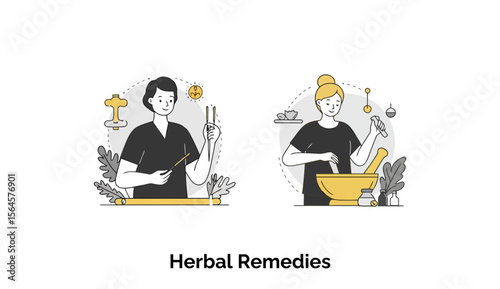 Female and male herbalists preparing remedies in a modern apothecary setting. Preparing and mixing herbal remedies in a clean, modern apothecary setting.