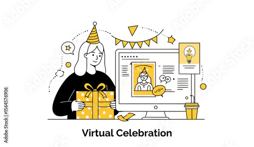 A young woman in a black top, holding a gift box with a party hat on her head, celebrates virtually with a computer displaying a virtual party on screen. Online celebration in a home office setting.