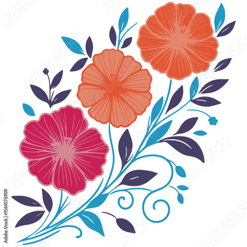 contemporary cotton flower with leafy botanical details drawn in modern hand sketch style for decor purposes

