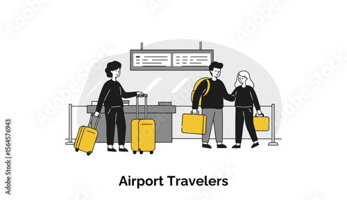Airport travelers, diverse adults in casual/professional attire, queueing at an airport check-in counter with luggage, various professionals with luggage at airport check-in.