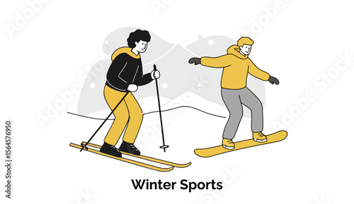 Skier and snowboarder in winter clothing on snowy mountain. Engaging in winter sports activity on a snowy mountain landscape.
