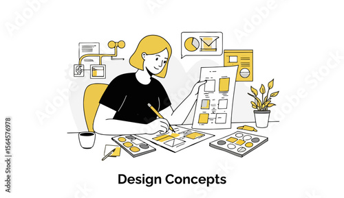 A focused female graphic designer is sitting at her desk in a well-lit home office, carefully reviewing and comparing different design concepts on her large computer monitor.