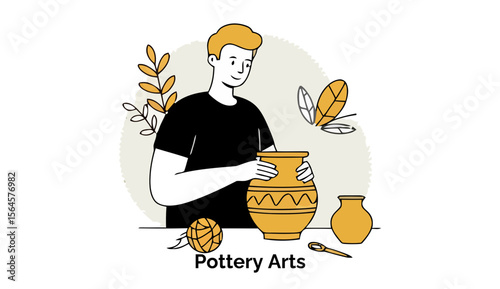 Young male potter crafting a clay vase in a pottery studio. Focused pose with various pottery tools and decorative elements.