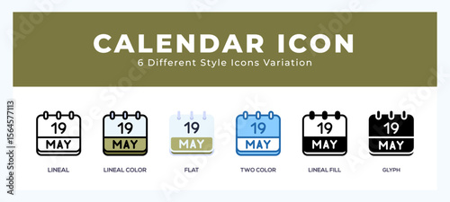 Calendar may icon set with different styles. Icons designed in filled. outline. flat. glyph and line colored.