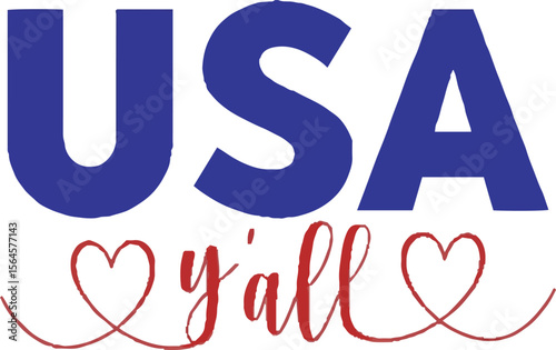 Patriotic USA Y'all Heart: A captivating design that merges patriotism with a touch of warmth and unity, featuring the bold "USA" and the inviting "y'all," embraced by heartfelt symbols.