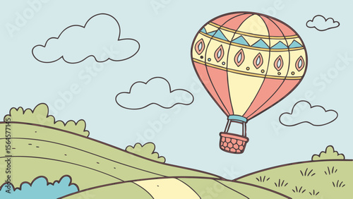 Illustration of a hot air balloon floating over a green landscape under a cloudy sky with simple design