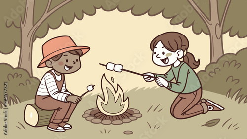 Two children roasting marshmallows over a campfire in the woods on a camping trip illustration