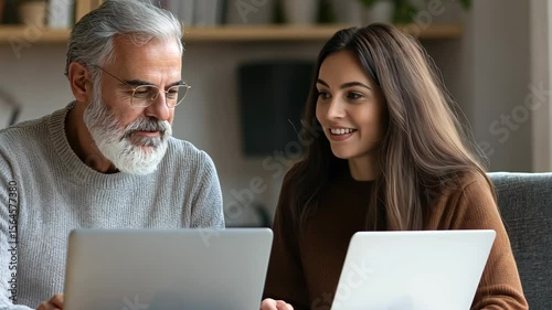 Older man and younger woman working on laptops together in a bright and modern indoor environment