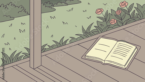 Open book on a wooden porch with a garden view featuring roses and green grass in the background view