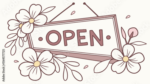 Illustration of an open sign decorated with flowers and leaves in a soft color palette hanging up front