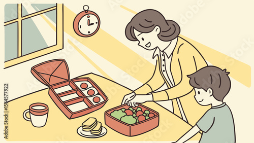A mother preparing a lunchbox for her son with sandwiches, fruit, and eggs on a table near a window