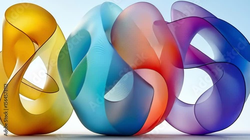 Abstract colorful transparent shapes overlapping on a light background with play button overlayed