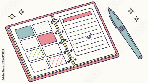 Open planner with colorful blocks and lined page with checkmark and pen with sparkles around it