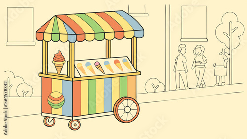 A colorful ice cream cart with various flavors on display stands on a street near people and trees