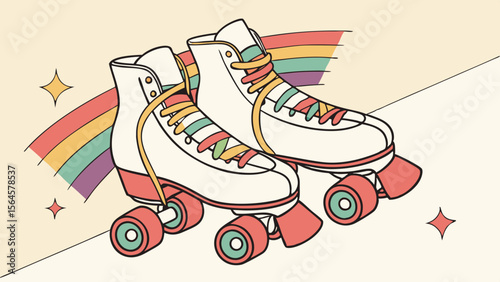 Illustration of roller skates with rainbow laces and a rainbow in the background on a cream backdrop