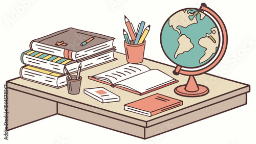 Illustration of a desk with books, pencils, an open book, and a globe for educational purposes