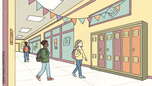 Illustration of students walking in a school hallway with lockers and decorative pennant banner strung up