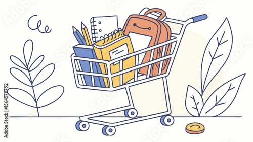Illustration of a shopping cart filled with school supplies including books notebooks and a backpack itemized