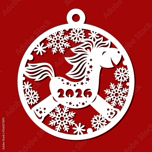 Christmas ball with a small horse. Symbol of the Chinese New Year 2026. Hanging round decoration with pony, snowflakes. Template for plotter laser cutting of paper, wood carving, metal engraving, cnc.