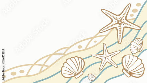Illustration featuring starfish and seashells with wavy lines on a cream colored background design