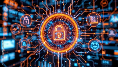 cybersecurity system monitoring insider threats in real time with ai analytics, biometric access control, and encrypted data vaults glowing.