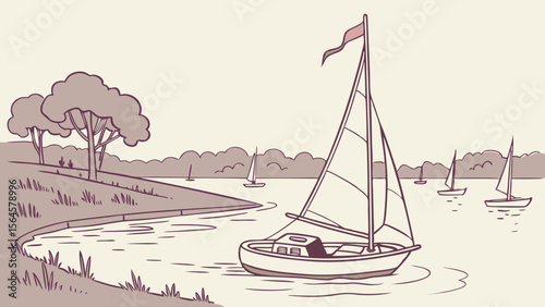 Sailboat sailing on the water with trees and other sailboats in the background on a cloudy day scene