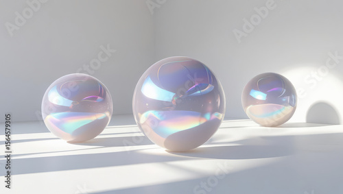 Minimalistic abstract spheres floating in bright white space, showcasing soft shadows and futuristic composition. iridescent surfaces reflect light beautifully, creating serene atmosphere