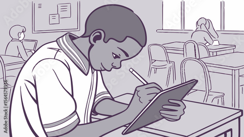 A student is using a tablet with a stylus in a classroom with other students and desks visible inside