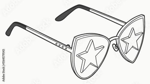 Outline drawing of star shaped sunglasses with black temples and a white background displayed clearly