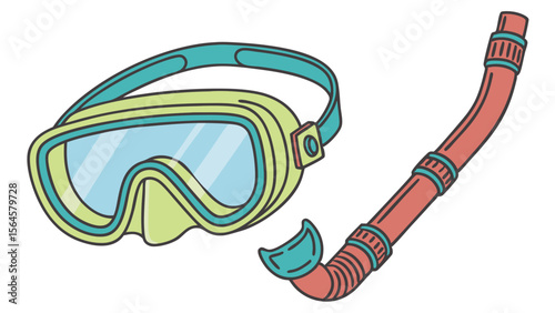 Illustration of a snorkel mask with a yellow frame and a red snorkel with teal accents isolated
