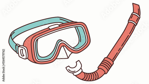 Illustration of a diving mask with a blue strap and a red snorkel on a white background surface area