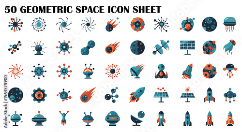 A collection of 50 geometric space icons, showcasing various space-related objects and phenomena in a flat design style.