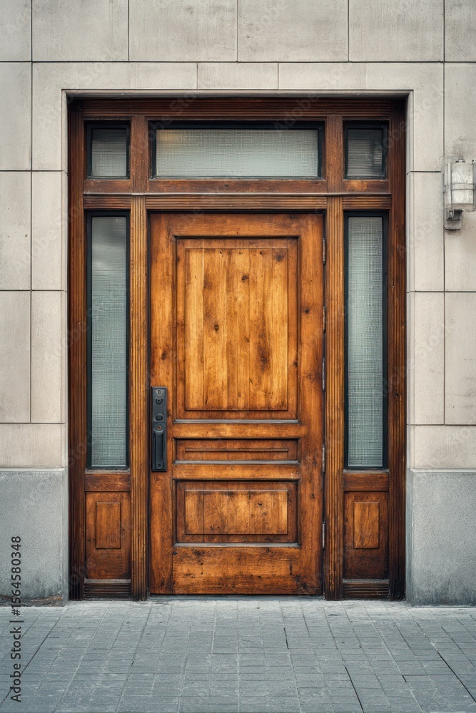 An elegant wooden door with side lights and transom, set within a light-colored stone frame An elegant wooden door with side lights and transom, set within a light-colored stone frame