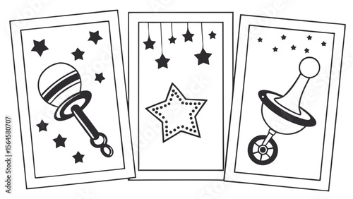 Silhouette Collection of New Baby Welcome Card Elements with Pacifier, Rattle, and Stars in Flat Vector Style, Isolated on White Background