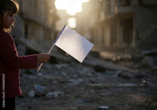 A Girl Holding a White Flag Amidst War Ruins at Sunset – A Symbol of Hope and Peace Amidst Destruction