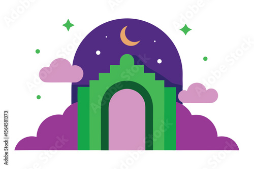 Mysterious Nighttime Archway A whimsical illustration of a gateway to dreams under a crescent moon.