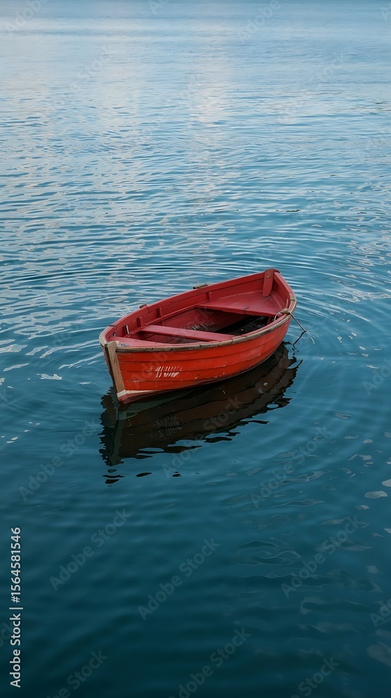 Naklejka premium Minimalist Aerial View of Red Wooden Rowboat Floating in Calm Deep Blue Water with Gentle Ripples