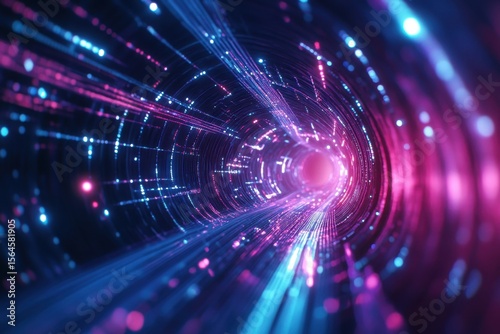 Colorful light tunnel with vibrant streaks and glowing particles in a dark space environment