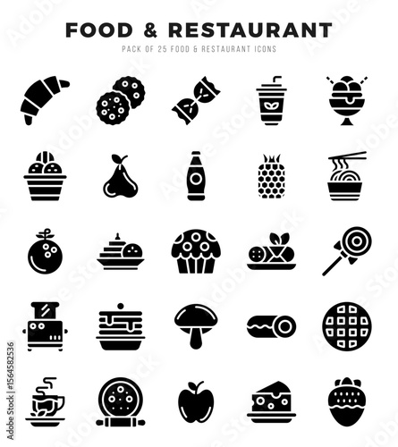 Set of simple Glyph Food and Restaurant Icons. Glyph art icons pack.