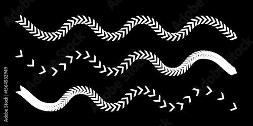 Set of dynamic wavy arrow racetracks in black and white, abstract chevron lines for speed, motion, or flow concepts