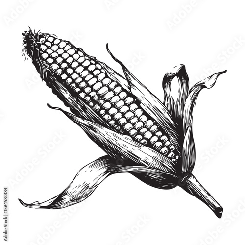 corn silhouette vector illustration on white background, A simple corn cob with some leaves art silhouette and black shape corn vector art illustration, Corn cobs elements icon vector illustration