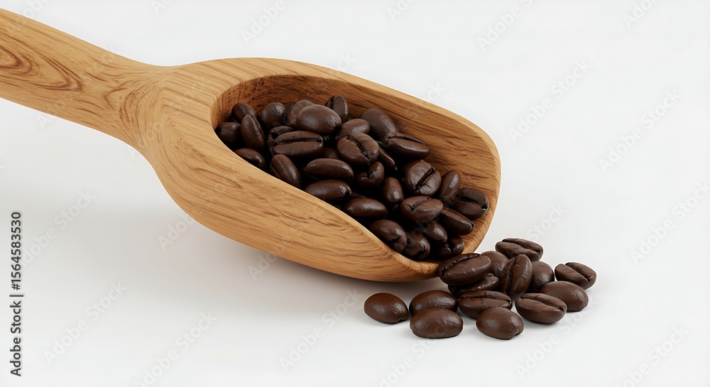 Obraz premium Dark roasted coffee beans spill from a rustic wooden scoop, embodying the authentic lifestyle of coffee connoisseurs and the rich, sustainable journey from bean to brew.